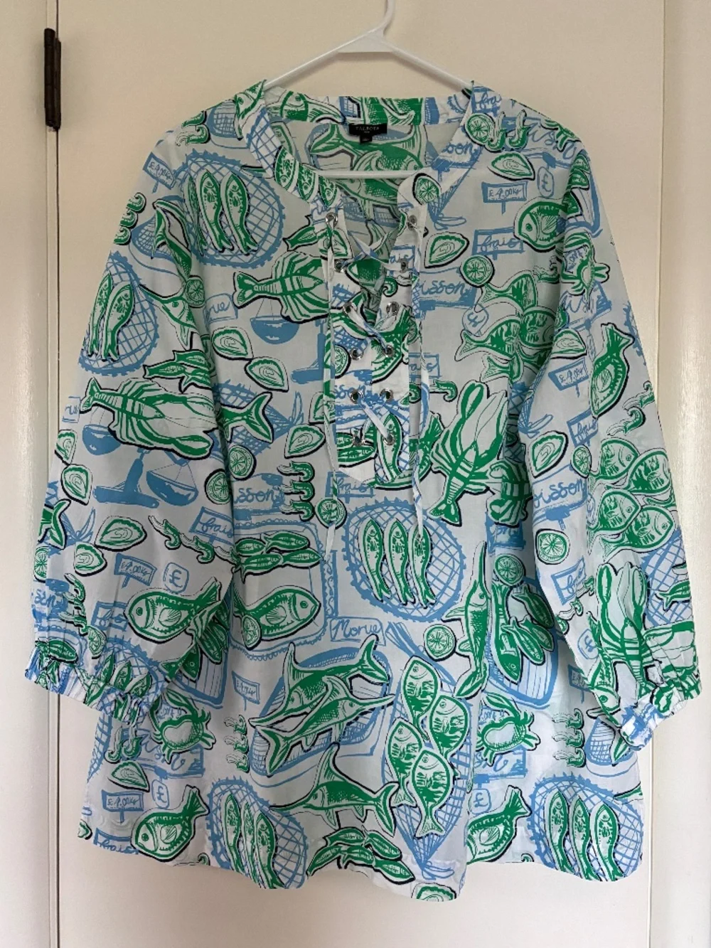 Talbots Women's Plus "Fish Market" Lace-Up Popover Tunic Shirt Top Blouse 1X - Picture 1 of 9